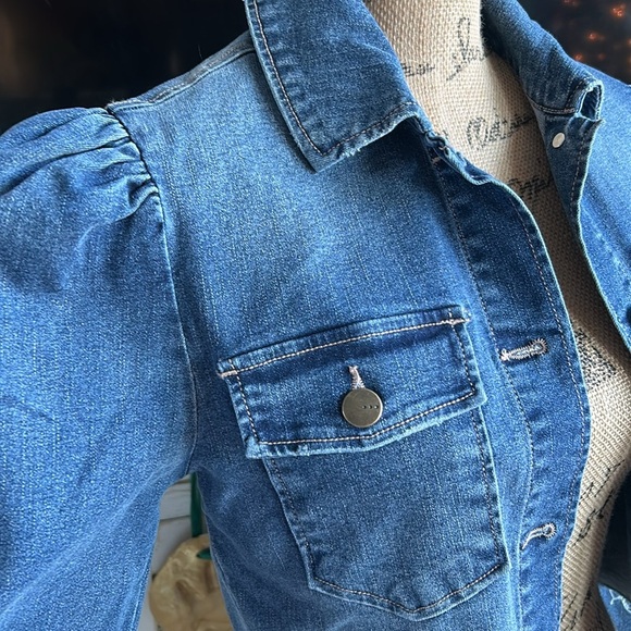 tgla puff long sleeve blue denim jacket shirt cropped raw hem stretch - Picture 7 of 16